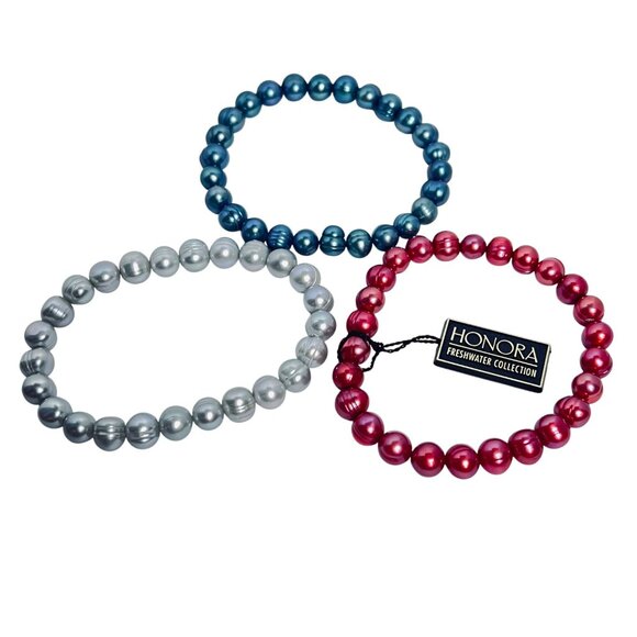 Set Of 3 Honora Freshwater Pearl Bracelets Blue, Silver And Pink (5955) - Picture 2 of 3